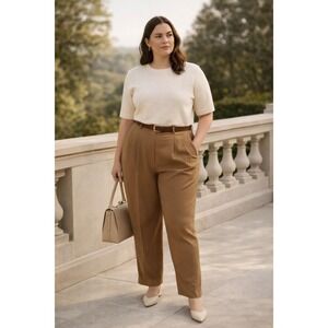 Eileen Fisher Women Neutral Brown Pleated Trousers Sz12 Old Money Quiet Luxury